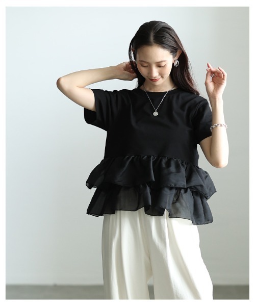 Sawa a la mode(サワアラモード)の「異素材ティアードフリルTシャツ(Tシャツ/カットソー・レディース・ブラック/オフホワイト・FREE)」の7枚目の写真