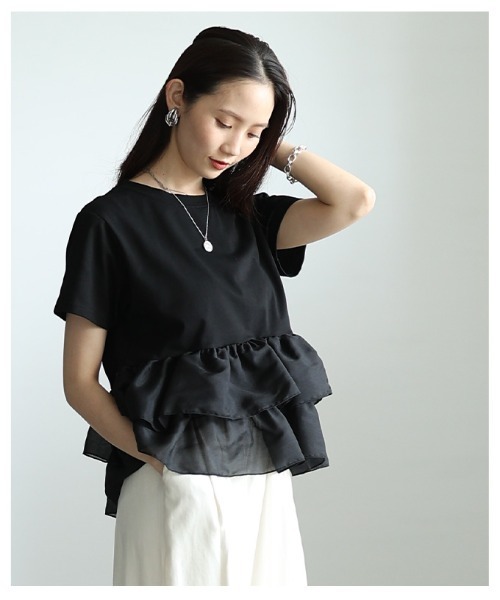 Sawa a la mode(サワアラモード)の「異素材ティアードフリルTシャツ(Tシャツ/カットソー・レディース・ブラック/オフホワイト・FREE)」の8枚目の写真