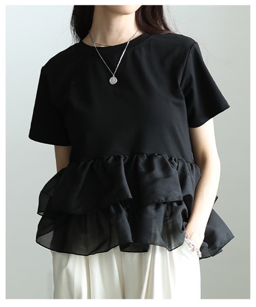 Sawa a la mode(サワアラモード)の「異素材ティアードフリルTシャツ(Tシャツ/カットソー・レディース・ブラック/オフホワイト・FREE)」の9枚目の写真