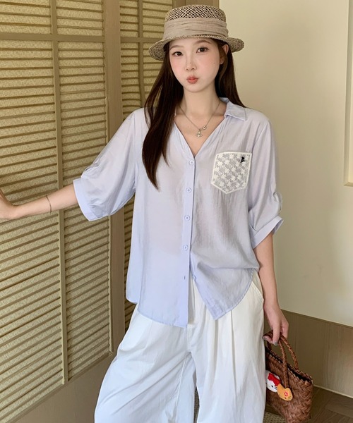 FAVORITO(ファヴォリート)の「バックレース切り替えシャツ(シャツ/ブラウス・レディース・ホワイト/ブルー・F)」の19枚目の写真