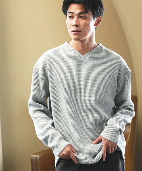 jiggys shop(ジギーズショップ)の「ヘビーオンス ワッフルサーマル Vネック 長袖Tシャツ ロンT カットソー(Tシャツ/カットソー・メンズ・ブラック/ネイビー/グレー/ホワイト/カーキ/チャコールグレー/アイボリー・MEDIUM/LARGE/X-LARGE)」の1枚目の写真