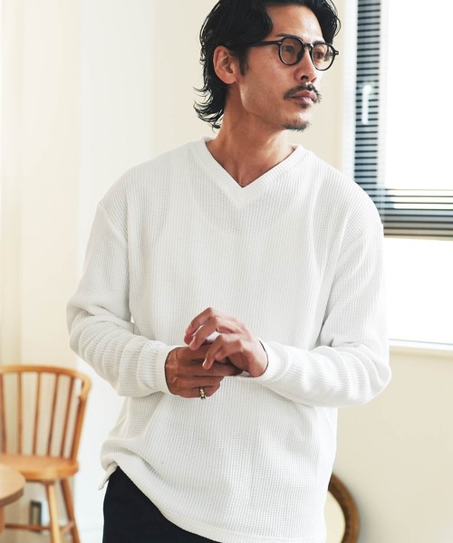 jiggys shop(ジギーズショップ)の「ヘビーオンス ワッフルサーマル Vネック 長袖Tシャツ ロンT カットソー(Tシャツ/カットソー・メンズ・ブラック/ネイビー/グレー/ホワイト/カーキ/チャコールグレー/アイボリー・MEDIUM/LARGE/X-LARGE)」の2枚目の写真