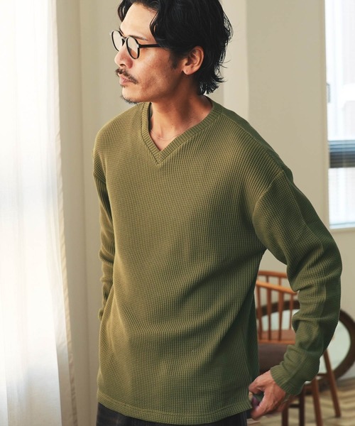 jiggys shop(ジギーズショップ)の「ヘビーオンス ワッフルサーマル Vネック 長袖Tシャツ ロンT カットソー(Tシャツ/カットソー・メンズ・ブラック/ネイビー/グレー/ホワイト/カーキ/チャコールグレー/アイボリー・MEDIUM/LARGE/X-LARGE)」の6枚目の写真