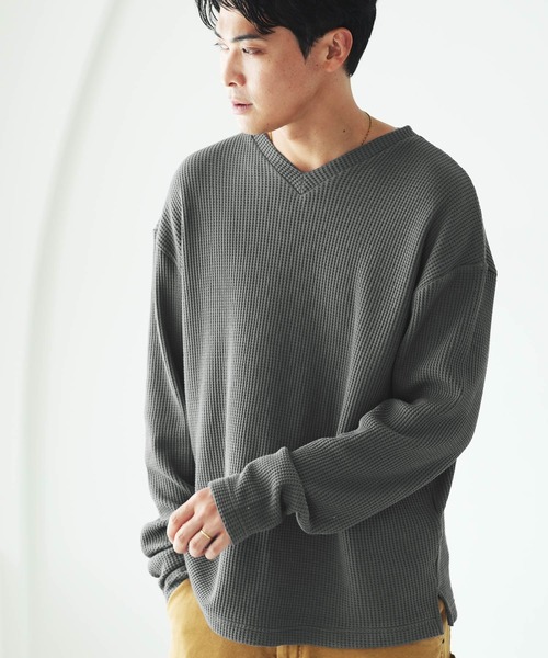 jiggys shop(ジギーズショップ)の「ヘビーオンス ワッフルサーマル Vネック 長袖Tシャツ ロンT カットソー(Tシャツ/カットソー・メンズ・ブラック/ネイビー/グレー/ホワイト/カーキ/チャコールグレー/アイボリー・MEDIUM/LARGE/X-LARGE)」の5枚目の写真