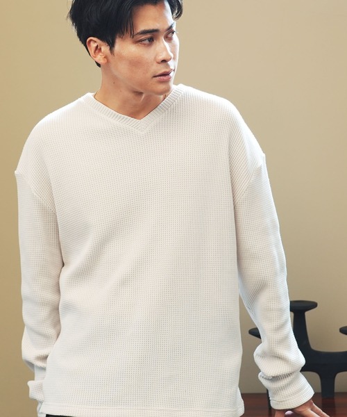 jiggys shop(ジギーズショップ)の「ヘビーオンス ワッフルサーマル Vネック 長袖Tシャツ ロンT カットソー(Tシャツ/カットソー・メンズ・ブラック/ネイビー/グレー/ホワイト/カーキ/チャコールグレー/アイボリー・MEDIUM/LARGE/X-LARGE)」の3枚目の写真
