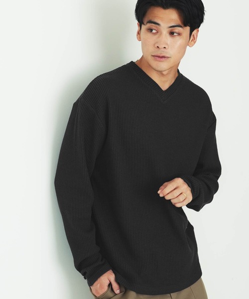 jiggys shop(ジギーズショップ)の「ヘビーオンス ワッフルサーマル Vネック 長袖Tシャツ ロンT カットソー(Tシャツ/カットソー・メンズ・ブラック/ネイビー/グレー/ホワイト/カーキ/チャコールグレー/アイボリー・MEDIUM/LARGE/X-LARGE)」の4枚目の写真