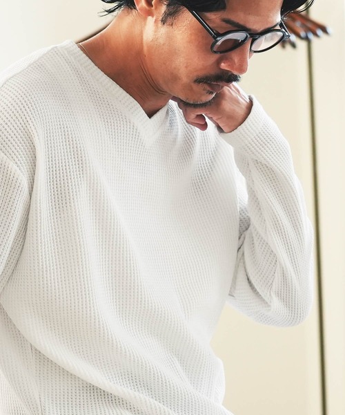 jiggys shop(ジギーズショップ)の「ヘビーオンス ワッフルサーマル Vネック 長袖Tシャツ ロンT カットソー(Tシャツ/カットソー・メンズ・ブラック/ネイビー/グレー/ホワイト/カーキ/チャコールグレー/アイボリー・MEDIUM/LARGE/X-LARGE)」の10枚目の写真