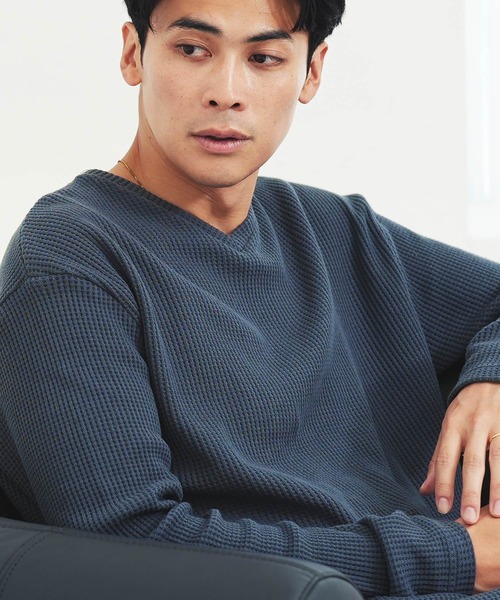jiggys shop(ジギーズショップ)の「ヘビーオンス ワッフルサーマル Vネック 長袖Tシャツ ロンT カットソー(Tシャツ/カットソー・メンズ・ブラック/ネイビー/グレー/ホワイト/カーキ/チャコールグレー/アイボリー・MEDIUM/LARGE/X-LARGE)」の19枚目の写真