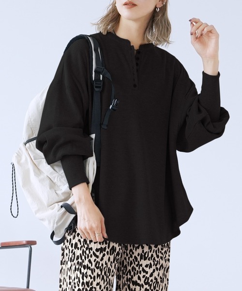 reca(レカ)の「ヘンリーネックフレアサーマルプルオーバー(Tシャツ/カットソー・レディース・トップグレー/チョコ/キナリ/ブラック・FREE)」の3枚目の写真