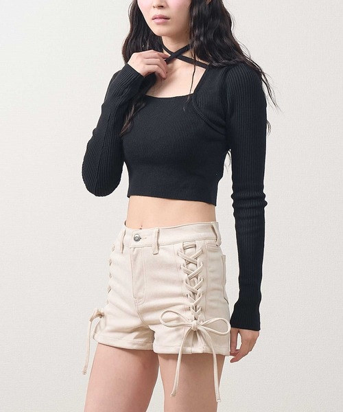 .WORKS(ドットワークス)の「ダブルレースアップショートパンツ マシュマロタッチスエード(その他パンツ・レディース・アイボリー/ブラック/ピンク・64/61)」の18枚目の写真