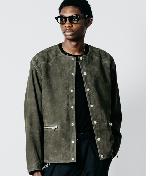 CRIMIE(クライミー)の「SUEDE LEATHER BIKER CARDIGAN(ノーカラージャケット・メンズ・ブラック/グリーン・XXL/XL/L/M)」の2枚目の写真