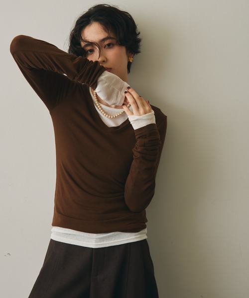 Trish(トリッシュ)の「ウール混VネックロングスリーブTEE(Tシャツ/カットソー・レディース・ブラック/ブラウン/ホワイト/チャコールグレー・MEDIUM)」の4枚目の写真