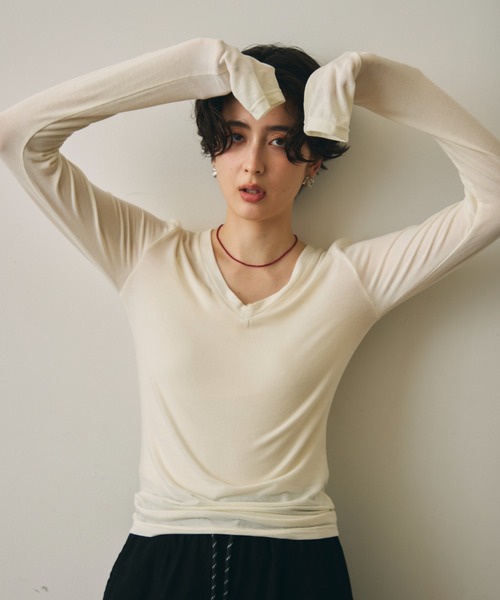 Trish(トリッシュ)の「ウール混VネックロングスリーブTEE(Tシャツ/カットソー・レディース・ブラック/ブラウン/ホワイト/チャコールグレー・MEDIUM)」の9枚目の写真
