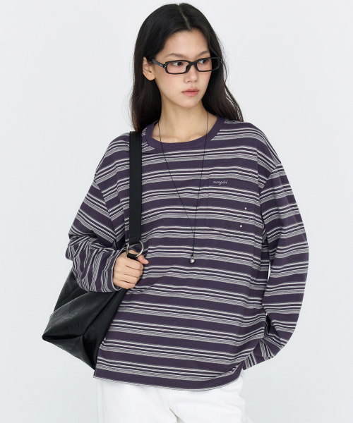MONGDOL(モンドル)の「ストライプ オーバーサイズ 長袖 Tシャツ パープル MDTS106PURPLE(Tシャツ/カットソー・レディース・その他・F)」の2枚目の写真