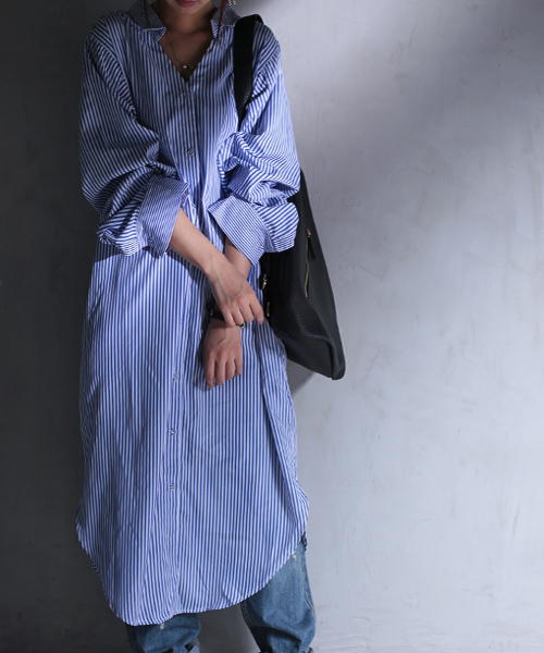 antiqua（アンティカ）の「ストライプデザインロングシャツワンピ（シャツワンピース・レディース・ブルー・FREE）」の19枚目の写真