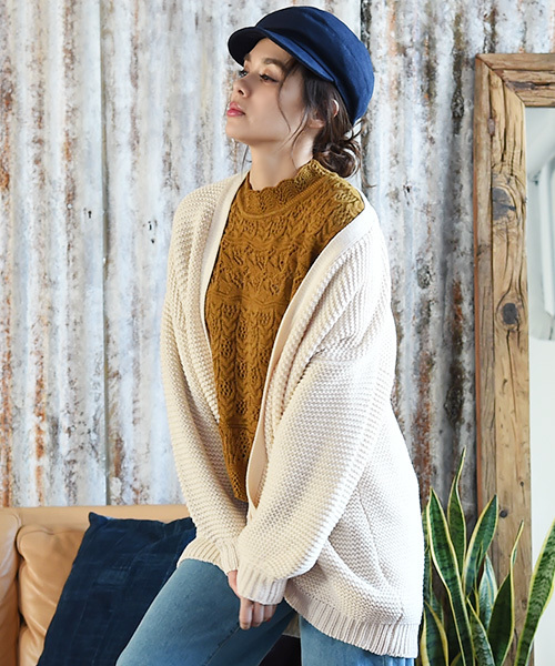 Luz Llena(ラズレナ)の「パール編みローゲージニット・ロングカーディガン(カーディガン/ボレロ・レディース・アイボリー/ブラウン/ブラック・MEDIUM)」の2枚目の写真