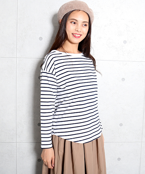n'ee-ne(ネーネ)の「cotton ボーダーカットソー(Tシャツ/カットソー・レディース・ネイビー/グレー/レッド/グリーン/ブラック×ホワイト/ホワイト×ネイビー・M/L)」の7枚目の写真