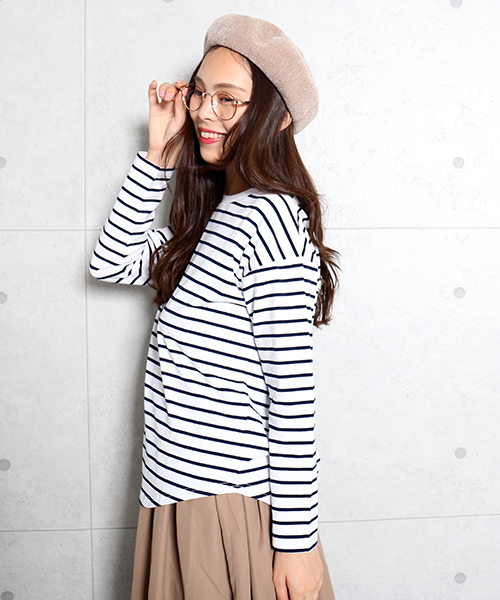 n'ee-ne(ネーネ)の「cotton ボーダーカットソー(Tシャツ/カットソー・レディース・ネイビー/グレー/レッド/グリーン/ブラック×ホワイト/ホワイト×ネイビー・M/L)」の10枚目の写真