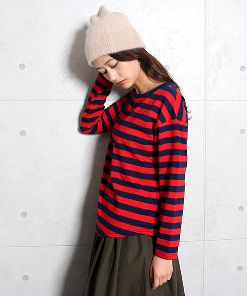 n'ee-ne(ネーネ)の「cotton ボーダーカットソー(Tシャツ/カットソー・レディース・ネイビー/グレー/レッド/グリーン/ブラック×ホワイト/ホワイト×ネイビー・M/L)」の20枚目の写真