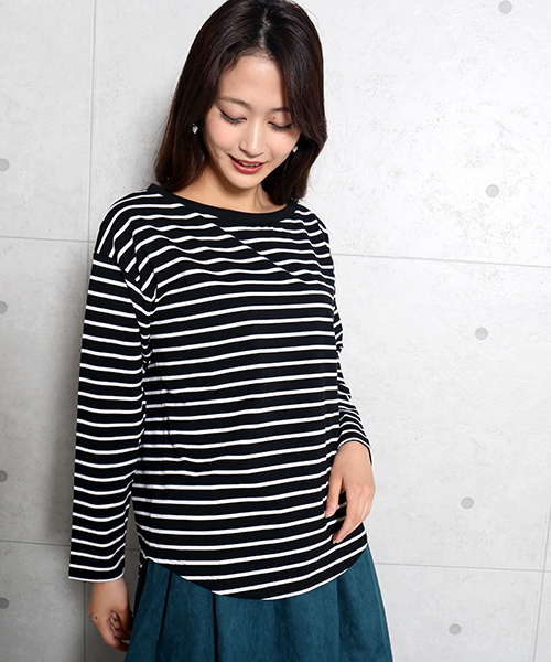 n'ee-ne(ネーネ)の「cotton ボーダーカットソー(Tシャツ/カットソー・レディース・ネイビー/グレー/レッド/グリーン/ブラック×ホワイト/ホワイト×ネイビー・M/L)」の21枚目の写真