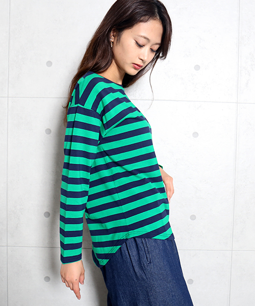 n'ee-ne(ネーネ)の「cotton ボーダーカットソー(Tシャツ/カットソー・レディース・ネイビー/グレー/レッド/グリーン/ブラック×ホワイト/ホワイト×ネイビー・M/L)」の9枚目の写真