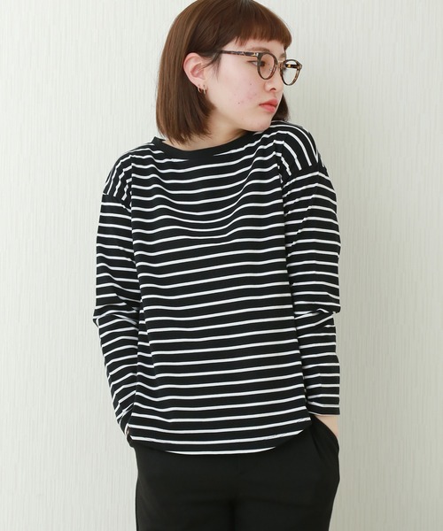 n'ee-ne(ネーネ)の「cotton ボーダーカットソー(Tシャツ/カットソー・レディース・ネイビー/グレー/レッド/グリーン/ブラック×ホワイト/ホワイト×ネイビー・M/L)」の3枚目の写真