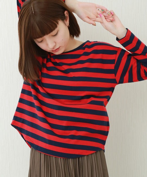 n'ee-ne(ネーネ)の「cotton ボーダーカットソー(Tシャツ/カットソー・レディース・ネイビー/グレー/レッド/グリーン/ブラック×ホワイト/ホワイト×ネイビー・M/L)」の6枚目の写真
