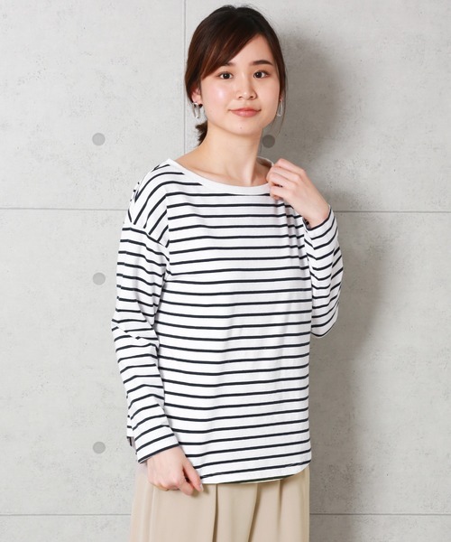 n'ee-ne(ネーネ)の「cotton ボーダーカットソー(Tシャツ/カットソー・レディース・ネイビー/グレー/レッド/グリーン/ブラック×ホワイト/ホワイト×ネイビー・M/L)」の2枚目の写真