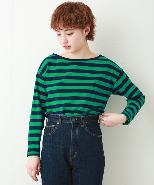 n'ee-ne(ネーネ)の「cotton ボーダーカットソー(Tシャツ/カットソー・レディース・ネイビー/グレー/レッド/グリーン/ブラック×ホワイト/ホワイト×ネイビー・M/L)」の5枚目の写真