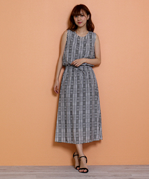 ストライプ＆チェック柄　ウエストマークワンピース