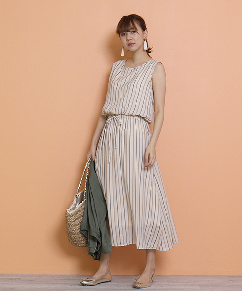 n'ee-ne（ネーネ）の「ストライプ＆チェック柄　ウエストマークワンピース（ワンピース・レディース・グレー系その他/ベージュ系その他/ブルー系その他・M/L）」の2枚目の写真