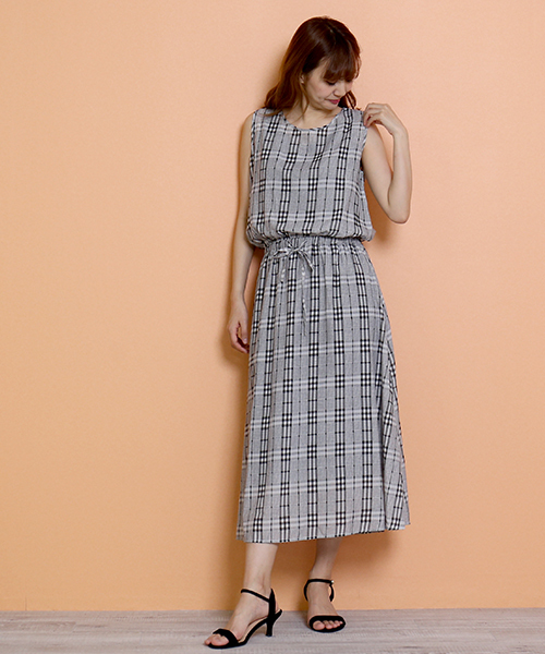 n'ee-ne（ネーネ）の「ストライプ＆チェック柄　ウエストマークワンピース（ワンピース・レディース・グレー系その他/ベージュ系その他/ブルー系その他・M/L）」の6枚目の写真