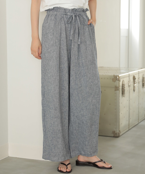 AMERICAN HOLIC（アメリカンホリック）の「麻混バックポケットワイドパンツ（その他パンツ・レディース・キャメル/ストライプ/チャコールグレー/ベージュ/ブルー/ネイビー・L/M）」の4枚目の写真