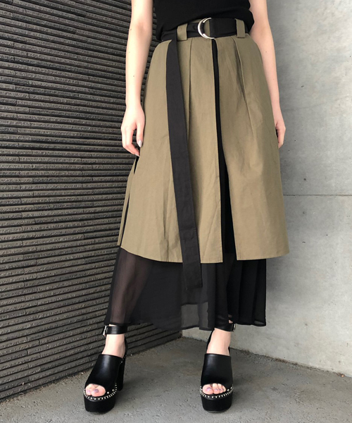 ENVYM(アンビー)の「フレアコンビロングSK(スカート・レディース・ブラック/カーキ・FREE)」の2枚目の写真