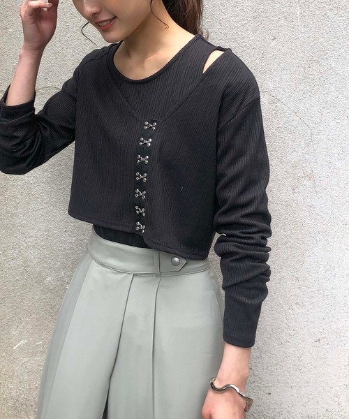 &g'aime(アンジェム)の「【&g'aime】テレコレイヤードトップス(Tシャツ/カットソー・レディース・ブラック/ベージュ/ピンクベージュ・FREE)」の6枚目の写真