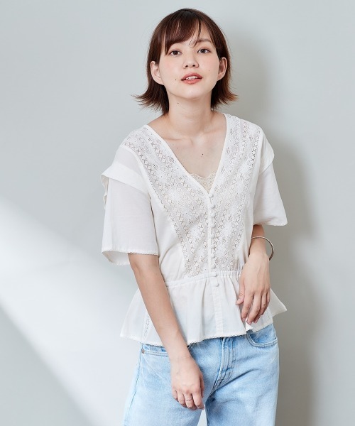 cepo(セポ)の「フレアスリーブ レースブラウス(シャツ/ブラウス・レディース・ブラック/オフホワイト/ピンク・M)」の2枚目の写真