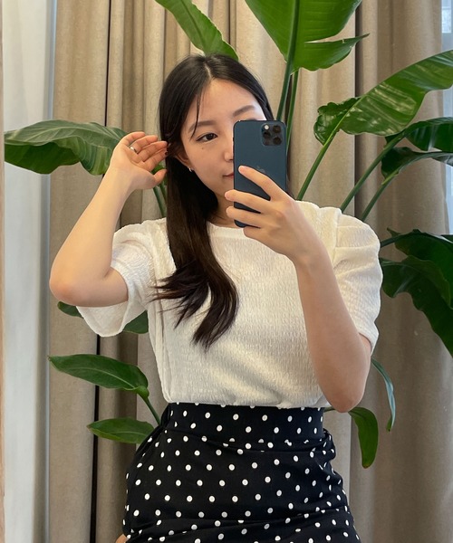 CEMONEMO（セモネモ）の「ワッシャー加工 半袖 パフスリーブ カットソー（Tシャツ/カットソー・レディース・ホワイト/ブラック・FREE）」の8枚目の写真