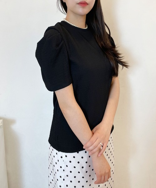 CEMONEMO（セモネモ）の「ワッシャー加工 半袖 パフスリーブ カットソー（Tシャツ/カットソー・レディース・ホワイト/ブラック・FREE）」の11枚目の写真