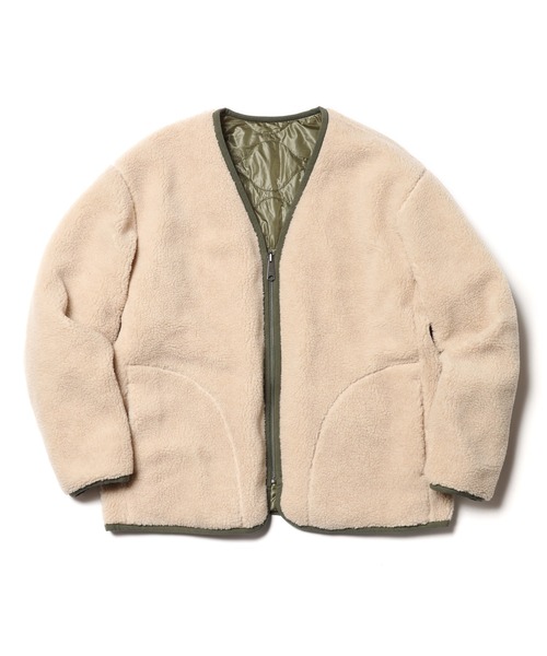 MR.OLIVE（ミスターオリーブ）の「ボア x リップストップ キルティング / リバーシブル ライニング アーミー ノーカラージャケット（ミリタリージャケット・メンズ・カーキ/ブラック・SMALL/MEDIUM/LARGE）」の15枚目の写真