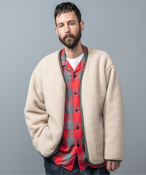 MR.OLIVE（ミスターオリーブ）の「ボア x リップストップ キルティング / リバーシブル ライニング アーミー ノーカラージャケット（ミリタリージャケット・メンズ・カーキ/ブラック・SMALL/MEDIUM/LARGE）」の12枚目の写真