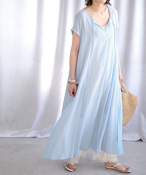 ANDJ(アンドジェイ)の「2WAY先染めストライプフレアワンピース(シャツワンピース・レディース・ライトブルー/ピンク/グリーン・M)」の5枚目の写真