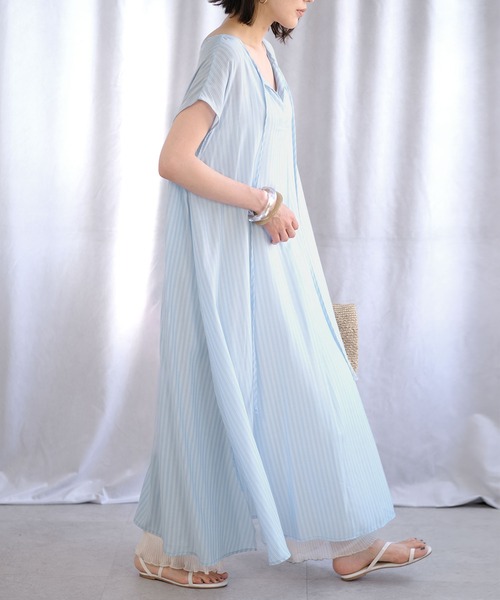 ANDJ(アンドジェイ)の「2WAY先染めストライプフレアワンピース(シャツワンピース・レディース・ライトブルー/ピンク/グリーン・M)」の6枚目の写真