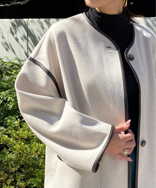 StyleSea（スタイルシー）の「杢ニットモッサパイピングノーカラーコート（ノーカラーコート・レディース・ベージュ/ブラウン/アイボリー・MEDIUM）」の6枚目の写真