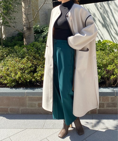 StyleSea（スタイルシー）の「杢ニットモッサパイピングノーカラーコート（ノーカラーコート・レディース・ベージュ/ブラウン/アイボリー・MEDIUM）」の5枚目の写真