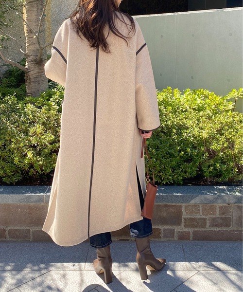 StyleSea（スタイルシー）の「杢ニットモッサパイピングノーカラーコート（ノーカラーコート・レディース・ベージュ/ブラウン/アイボリー・MEDIUM）」の13枚目の写真