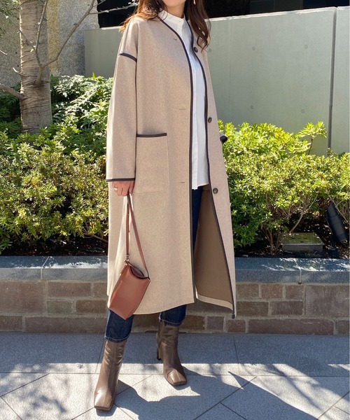 StyleSea（スタイルシー）の「杢ニットモッサパイピングノーカラーコート（ノーカラーコート・レディース・ベージュ/ブラウン/アイボリー・MEDIUM）」の14枚目の写真