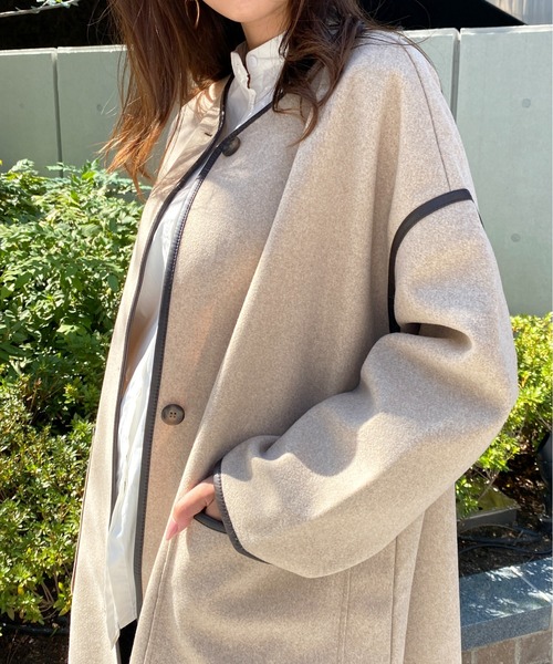 StyleSea（スタイルシー）の「杢ニットモッサパイピングノーカラーコート（ノーカラーコート・レディース・ベージュ/ブラウン/アイボリー・MEDIUM）」の16枚目の写真