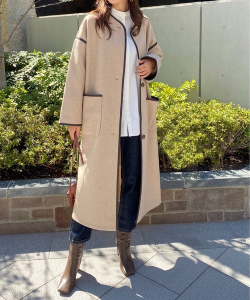 StyleSea（スタイルシー）の「杢ニットモッサパイピングノーカラーコート（ノーカラーコート・レディース・ベージュ/ブラウン/アイボリー・MEDIUM）」の9枚目の写真