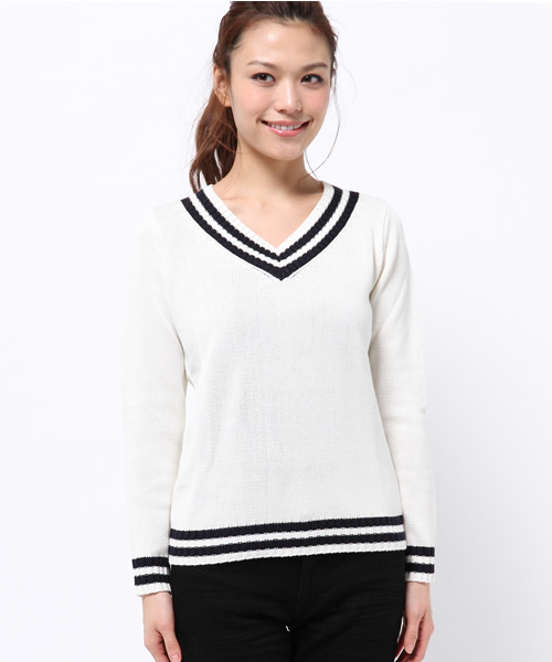 BEAMS LIGHTS Women's（ビームスライツ ウィメンズ）の「BEAMS LIGHTS / ウォッシャブル チルデンVネックプルオーバー（ニット/セーター・レディース・オフホワイト/ネイビー・FREE）」の3枚目の写真