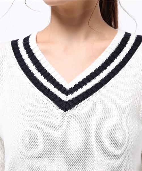 BEAMS LIGHTS Women's（ビームスライツ ウィメンズ）の「BEAMS LIGHTS / ウォッシャブル チルデンVネックプルオーバー（ニット/セーター・レディース・オフホワイト/ネイビー・FREE）」の5枚目の写真